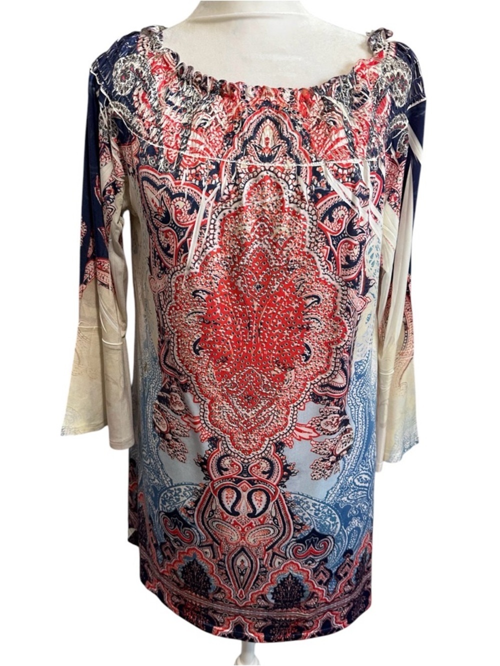 Reba Boho Paisley Off-Shoulder Tunic top Red & Navy size S